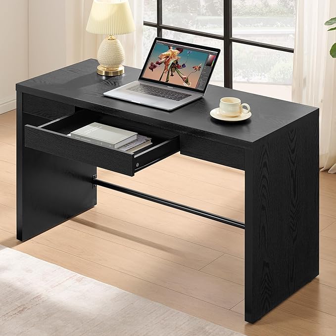 SICOTAS Home Office Executive Desk - 47-Inch Computer Desk with Drawer, Farmhouse Writing Study Desk with Storage,Boho Makeup Vanity Table for Bedroom (Black Oak, 2 Pieces)