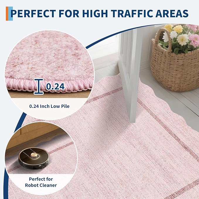 GarveeHome Scalloped Washable Runner Rug 2x6 Runner Non Slip Kitchen Rug Modern Pink Rug Entryway Rug Farmhouse Soft Bathroom Rugs Stain Resistant Carpet for Hallway Laundry Bedroom 2'x6' Pink