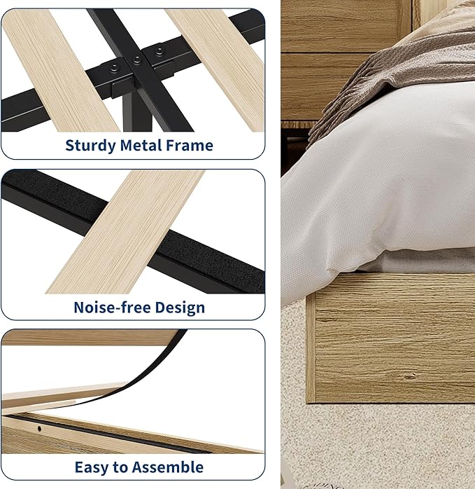 Wood Platform Bed with Sturdy Wooden Slats, King Size Floor-Standing Bed Frame, Modern Minimalist Design Bed Frame, No Box Spring Needed, Easy Assembly