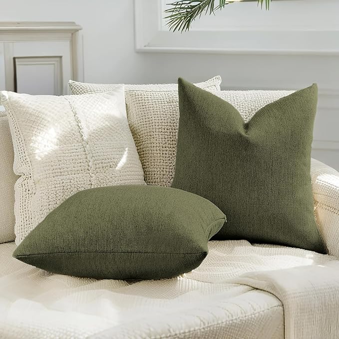 HAUSSY Moss Green Throw Pillow Covers 18x18 Inch Set of 2,Boho Decorative Faux Linen Throw Pillows Cozy Farmhouse Accent Cushion Covers,Home Decor for Couch Sofa Bed Living Room