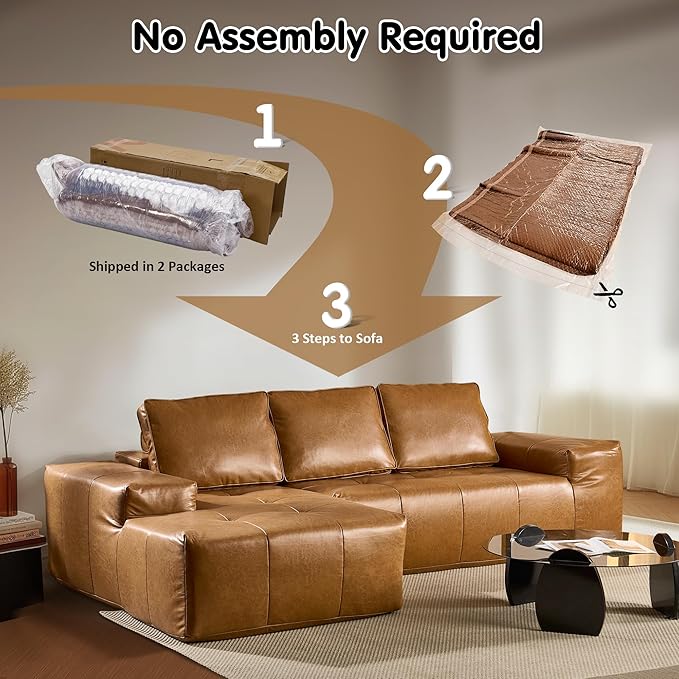 ovios 106" Cloud Boneless Couch with L-Shape Chaise,Modern Sectional Modular Sofa with Deep Seat, Upholstered Couches for Living Room Bedroom,No Assembly Required, Brown