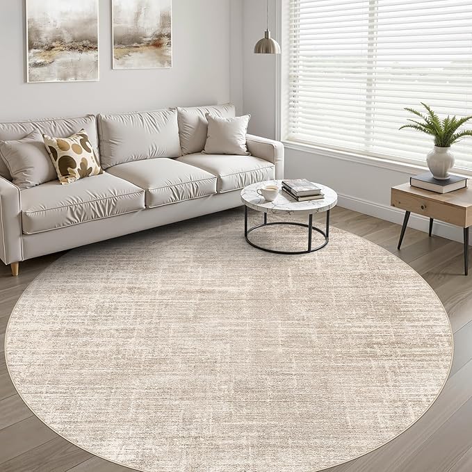 10ft Round Rug Living Room: 10x10 Washable Large Neutral Beige Circle Area Rug Abstract Soft Modern Stain Resistant Indoor Floor Non-Slip Carpet for Bedroom Nursery Kids Office Playroom Dining Room
