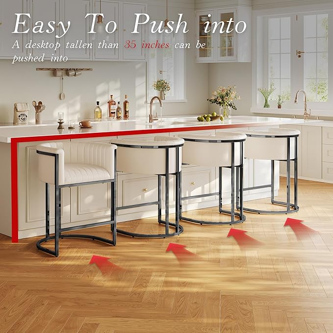 Modern Counter Height Bar Stools,Bar Stools Set of 2,PU Leather Upholstered Barrel Barstools with Backs and Arms,26'' Kitchen Island Chairs,Metal Black Frames,Beige White