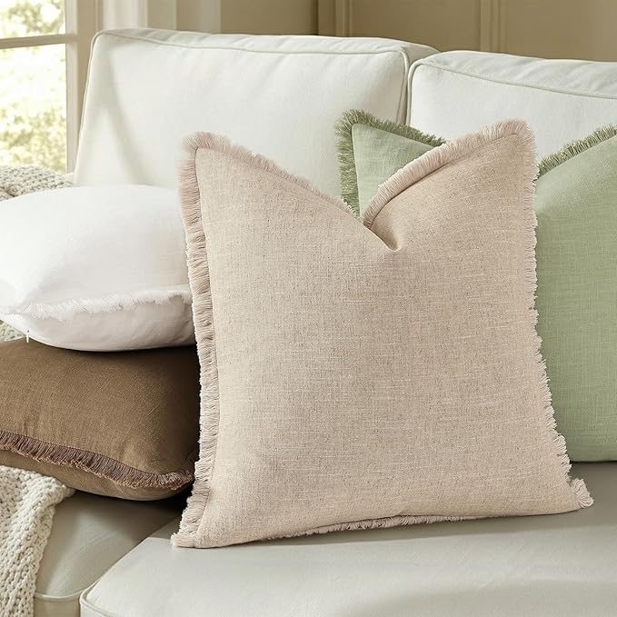 decorUhome Summer Decorative Neutral Linen Fringe Throw Pillow Covers Set of 2 Sage Green Pillow Covers with Tassels Soft Farmhouse Boho Accent Pillow Cases for Couch Bed Sofa 20x20 Inch