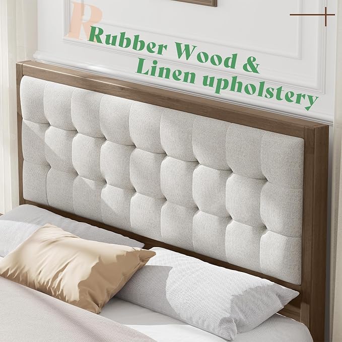 AMERLIFE Full Size Bed Frame with Headboard, Solid Wooden Bed Frame Full Size Platform Bed Frame Mid-Century Style, No Box Spring Required, Ash Gray | Back Support, Noise-Free, Easy Care, Sturdy Frame, Breathable Material