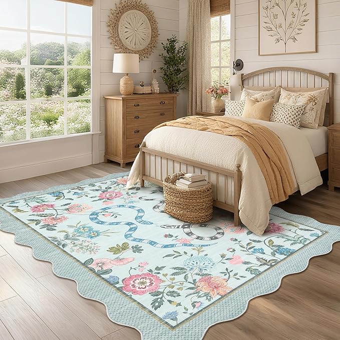 Garvee Snake Washable Area Rugs 8x10 Boho Scalloped Living Room Rugs, Botanical Floral Bedroom Rug, Stain-Resistant Low Pile Floor Carpet for Dining Room Dorm Nursery Playroom Farmhouse Office,Blue