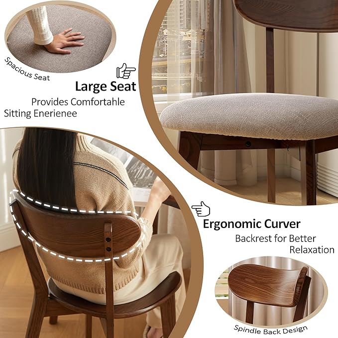 Modern Solid Wood Dining Chair Set of 8, Kitchen Dining Room Chair with Upholstered Cushion and Seat Cover, Curved Backrest, 100% FAS Grade North America Oak Wood, Walnut