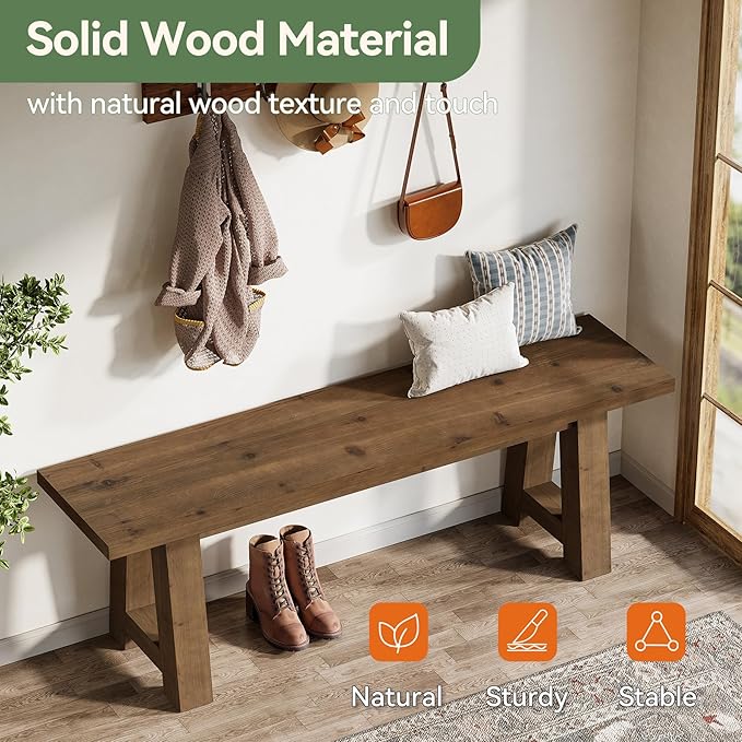 55" Solid Wood Bench, Farmhouse Long Entryway Bench for Living Room, Dining Room, Dark Brown