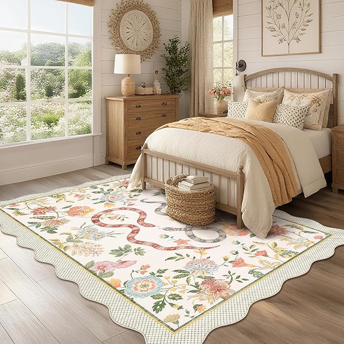 Garvee Snake Washable Area Rugs 5x7 Boho Scalloped Living Room Rugs, Botanical Floral Bedroom Rug, Stain-Resistant Low Pile Floor Carpet for Dining Room Dorm Nursery Playroom Farmhouse Office,Beige