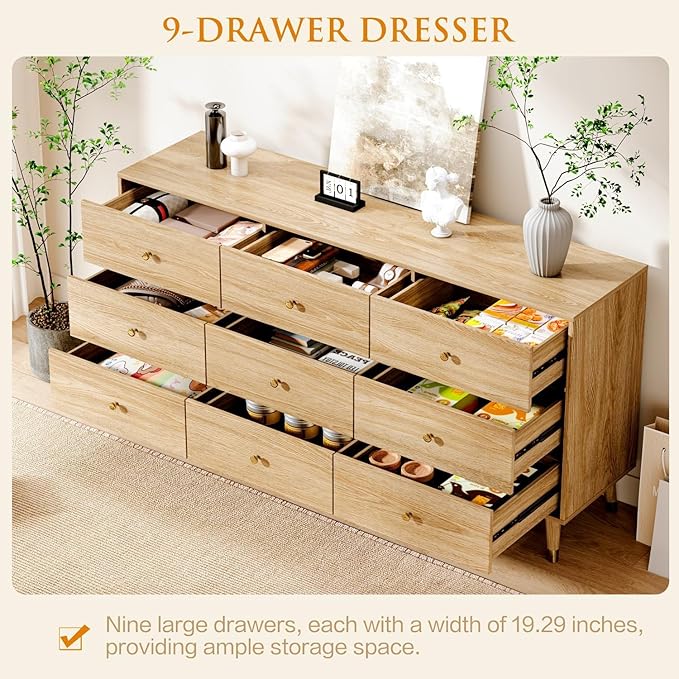 Chrangmay 9 Drawer Dresser,63" Wide Mid Century Modern Chest of Drawers,Wooden Bedroom Drawer Dresser with 9 Storage Drawers for Bedroom, Living Room,with Anti-Tipping Device,Natural