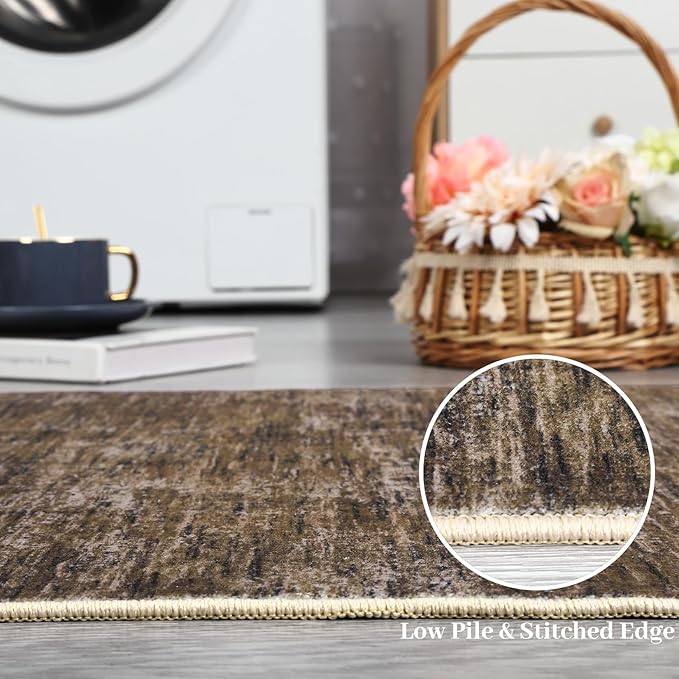 RUGSREAL Modern Runner Rug 2.5x8 Stain Resistant Washable Kitchen Runner Carpet ith Rubber Backing Low Pile Contemporary Solid Color Entryway Mat Ultra Soft Rug for Living Room Bedroom, Brown