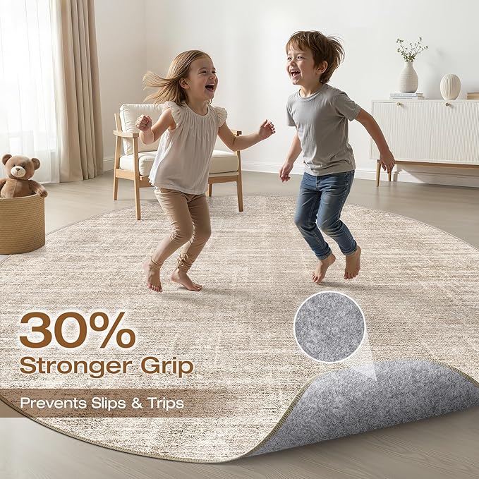 8ft Round Rug Living Room: 8x8 Washable Large Neutral Beige Circle Area Rug Abstract Soft Modern Stain Resistant Indoor Floor Non-Slip Carpet for Bedroom Nursery Kids Office Playroom Dining Room