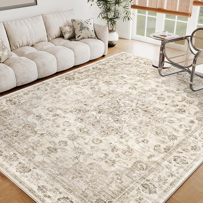 7x9 Washable Neutral Area Rug Beige Vintage Living Room Bedroom Carpet Non-Slip Soft Low Pile Farmhouse Indoor Throw Rug for Dining Room Entryway Office