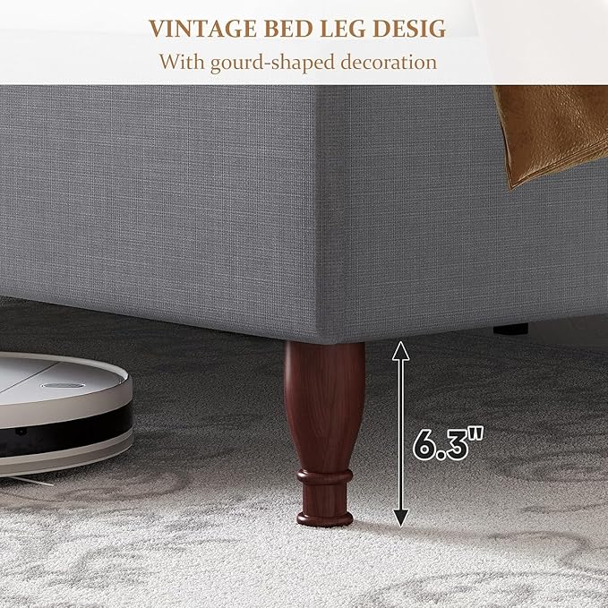 koorlian King Size Bed Frame Upholstered Platform Bed with 51" Tall Headboard Wingback, Soft Fabric, Retro Simple Style Platform Bed No Box Spring Needed, Easy Assembly, Grey
