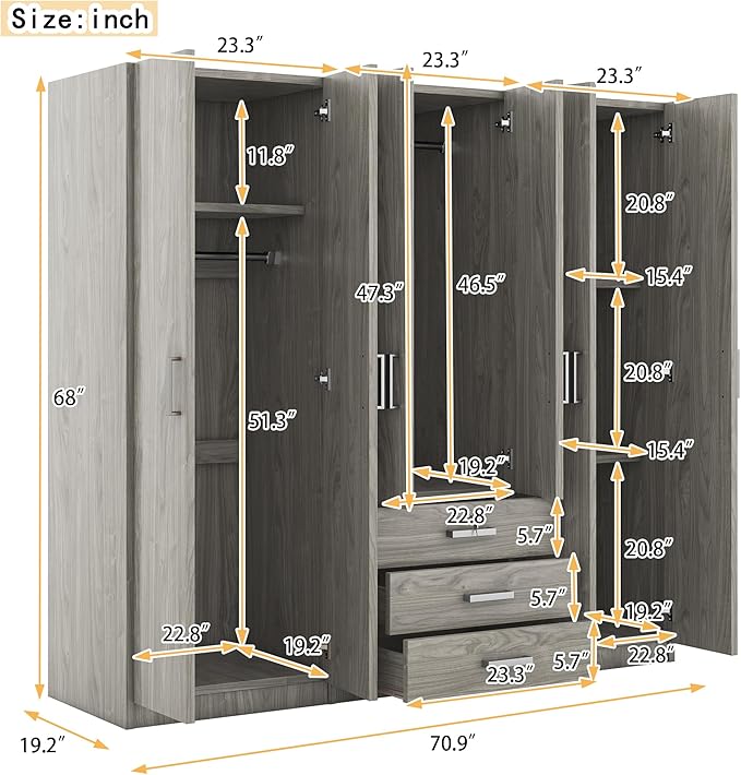 6 Door Armoire Wardrobe Closet with Big 3 Drawers, Wooden Freestanding Bathroom Armoire Cabinet with Shelves and Hanging Rod, Clothes Storage Organizer for Bedroom, Guest Room (Gray-8)