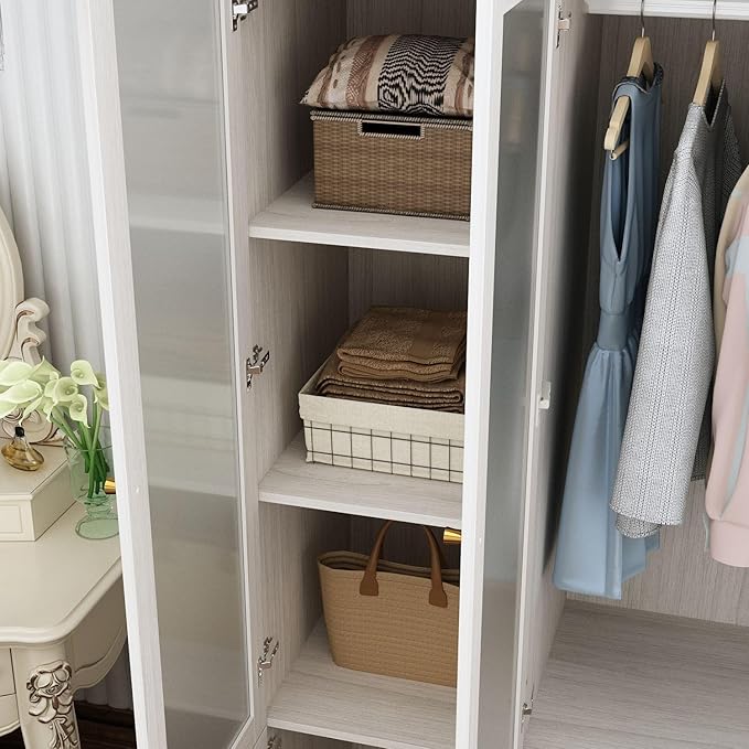 MOUMON 86.6" 4-Door Wardrobe Closet with Frosted Glass Doors & 2 Drawers, Double Hanging Rods & Shelves, Top Storage, Wide Armoire Closet Light Oak 63”W x 19.7”D x 86.6”H