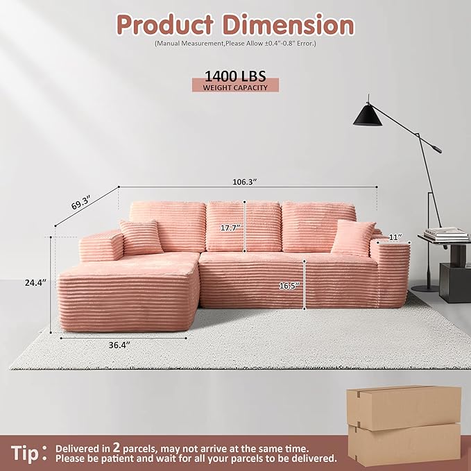 ovios 104" Cloud Boneless Couch with L-Shape Chaise,Modern Sectional Modular Sofa with Deep Seat, Upholstered Couches for Living Room Bedroom,No Assembly Required, Pink (Plush Corduroy Fabric)
