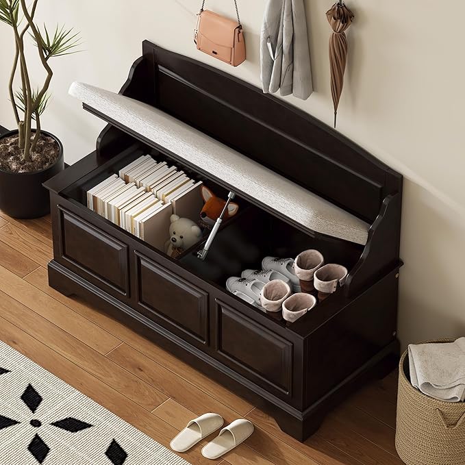 LUMISOL Shoe Storage Bench with Cushion, 41.7“ Farmhouse Entryway Bench with Soft-Close Devices and Hidden Storage, Upholstered Storage Ottoman for Living Room, Entryway, Bedroom, Espresso