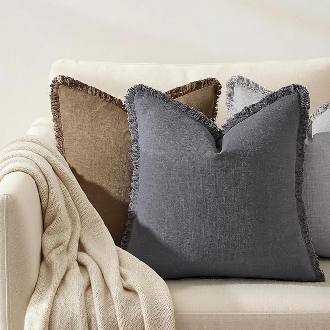 decorUhome Summer Decorative Neutral Linen Fringe Euro Sham Throw Pillow Covers Set of 2 Dark Grey Pillow Covers with Tassels Soft Farmhouse Boho Accent Pillow Cases for Couch Bed Sofa 24x24 Inch