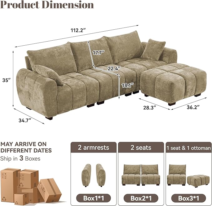 112" Mid Century Modern L Shaped Couch, 3 Seater Modular Sectional Sofa with Movable Ottoman, Deep Seat and Solid Wood Legs, Cloud Couch for Living Room, Chenille Tufted Sofa, Brown