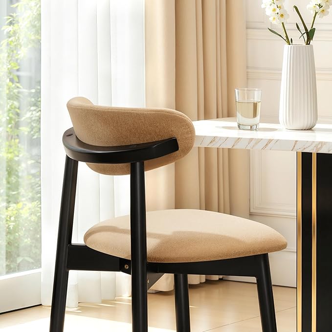 CHUN YI Dining Chairs Set of 8, Upholstered Solid Wood Dining Room Chairs, Mid Century Modern Fabric Kitchen Chairs with Ergonomic Curved Back, Khaki (Only Chairs)