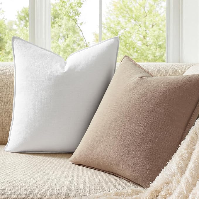 Linen and Cotton Decorative Pack of 4 Throw Pillow Covers Soft Accent Farmhouse Neutral Cushion Case 20 x 20 Inch Pillowcase with Flange for Chair Couch Sofa Bedroom Living Room Home Decor