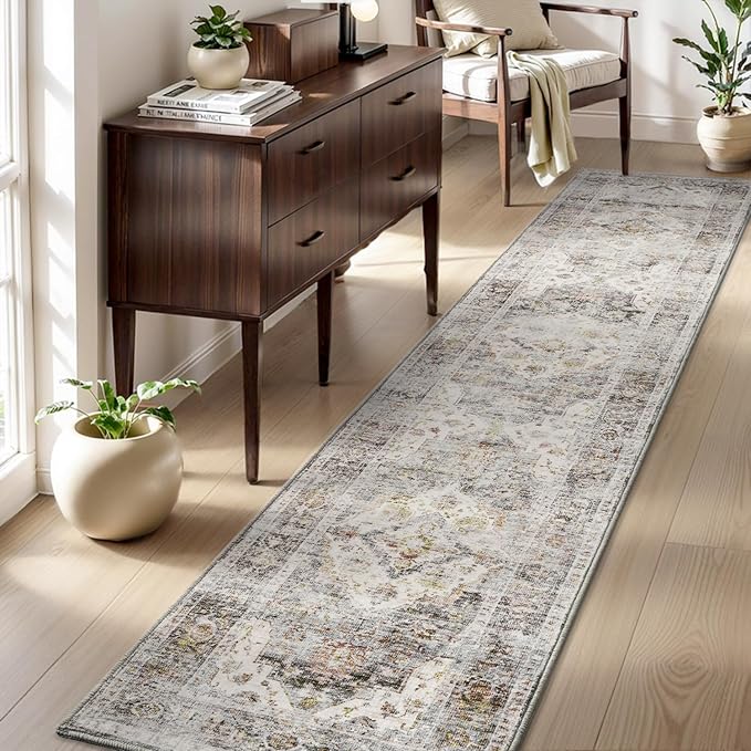 AMOAMI-2X10 Runner Rug-Washable Runners for Hallways-Soft Non Slip Bedside Rugs for Bedroom-Vintage Long Rug for Hallways Entryway Laundry Room Stair Kitchen Bathroom Grey