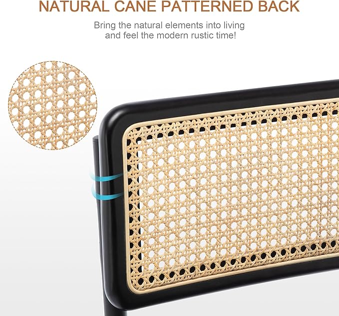 Zesthouse Rattan Bar Stools Set of 2, 30'' Upholstered Boucle Fabric Barstools with Wooden Back & Natural Cane Mesh, Mid Century Cantilevered Design High Chairs for Kitchen Bar with Chrome Base, Black