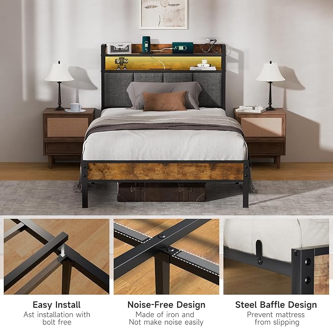 Easy Assembly Twin Bed Frame with LED Light &Charging Station, Metal Platform Bed with 2-Tier Shelves & Under Bed Storage, Upholstered Headboard&Footboard,No Box Spring Needed,Noise Free,Vintage Brown