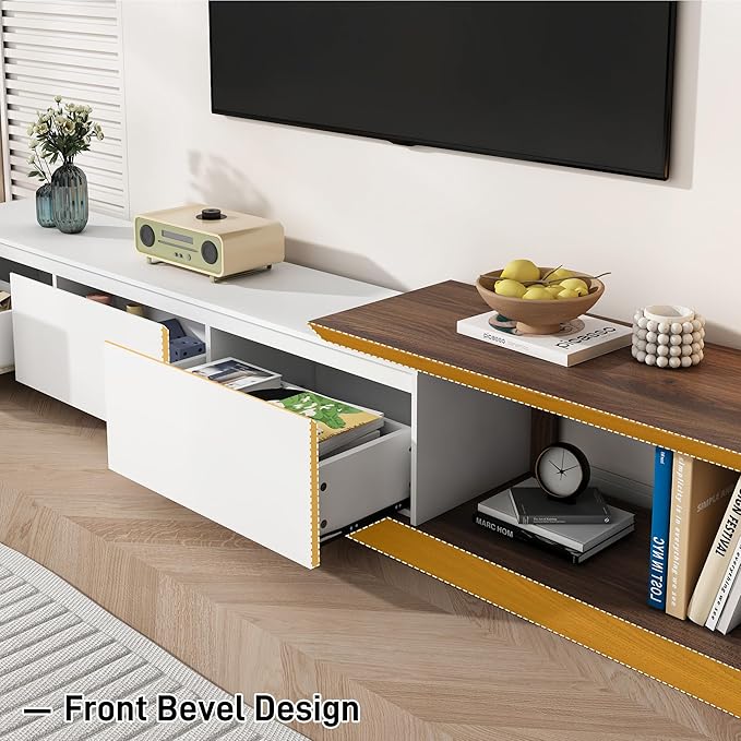chartustriable Extendable TV Stand with 3 Drawers, Modern Minimalist Entertainment Center, Reversible Long TV Media Console, Bevel Design, 82-107.3 Inch, White & Walnut