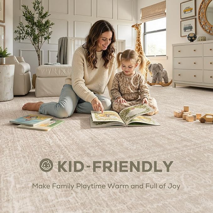 10x12 Area Rug Living Room: Washable Large Vintage Beige Rugs Neutral Non-Slip Soft Stain Resistant Indoor Carpet for Bedroom Nursery Dining Room Under Table Bed Home House Office Playroom