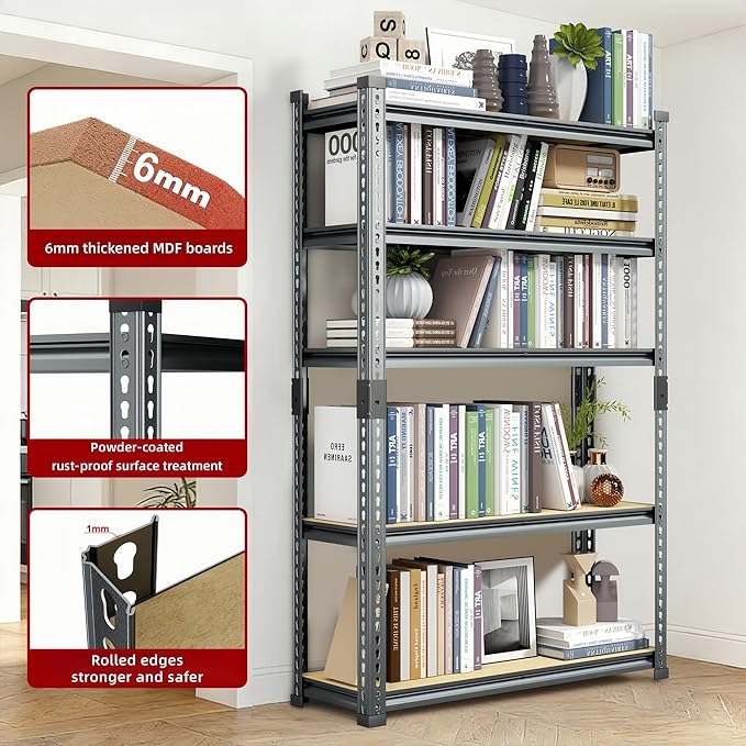 Garage Shelving Heavy Duty, 3000LBS Metal Storage Shelves 5 Tier, Adjustable Shelving Unit 46" W x 20" D x 72" H, Boltless Garage Storage Rack for Garage Basement, Pantry, Warehouse 2Pcs