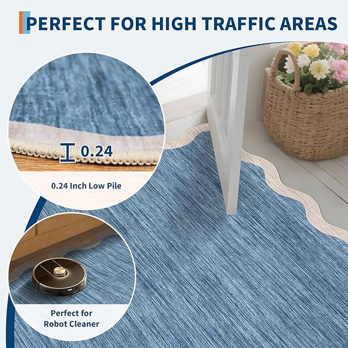 GarveeHome Scalloped Washable Area Rugs 5x7 Rug for Living Room Modern Non Slip Throw Rugs Blue Rug Soft Bedroom Rugs Non Shedding Low Pile Stain Resistant Carpet for Dining Room Nursery 5'x7' Blue