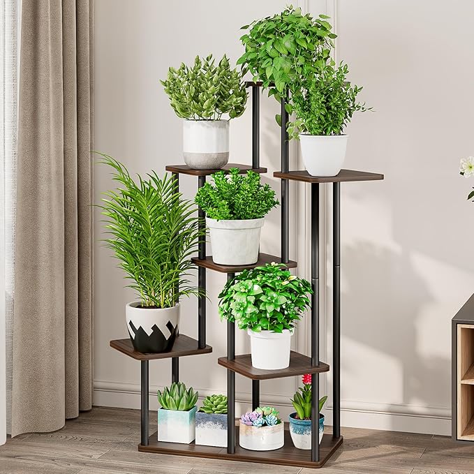 AZERPIAN Plant Stand 7 Tier Indoor Metal Flower Shelf for Multiple Plants Corner Tall Flower Holders for Patio Garden Living Room Balcony Bedroom, Black Oak