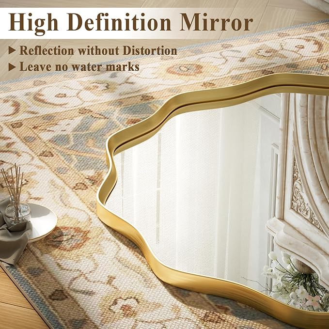 VooBang Gold Scalloped Circle Mirror, 30" Wavy Edge Round Wall Mirror with Tempered Glass Textured Circular Metal Deep Frame, Hanging Leaning for Bathroom, Hallway, Entryway, Livng Room