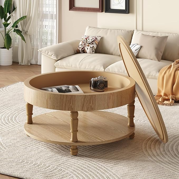 31.5" Round Coffee Table with Storage, 2 Tier Modern Center Table, Adjustable Leveling Feet, Easy Assembly, Wood Coffee Table for Living Room, Apartment, Small Space. (Natural Wood)