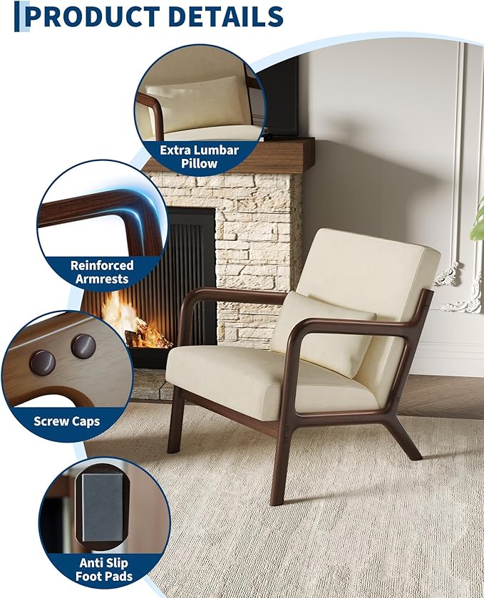 Garvee Mid-Century Chenille Accent Chair, Cozy Reading Chair, Modern Lounge Armchair with Lumbar Pillow, Solid Wood Frame, for Living Room, Bedroom, Office, Beige