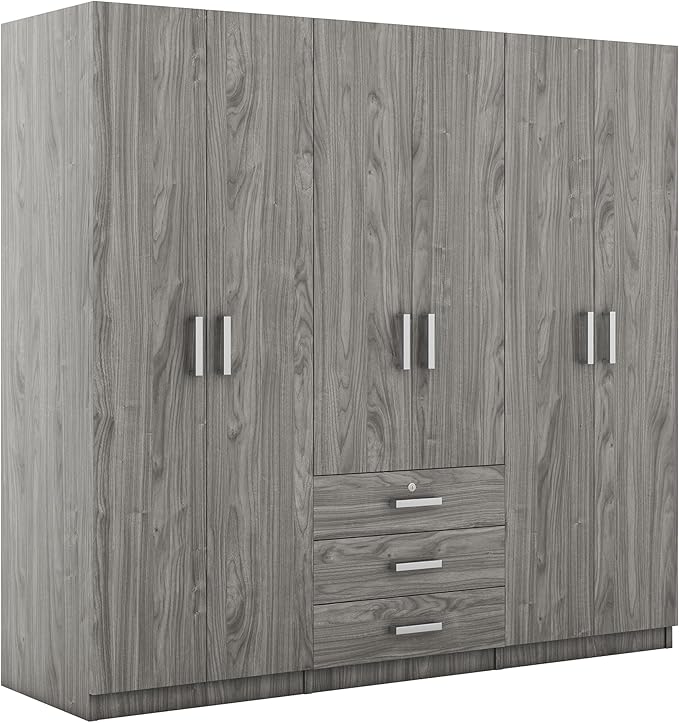 6 Door Armoire Wardrobe Closet with Big 3 Drawers, Wooden Freestanding Bathroom Armoire Cabinet with Shelves and Hanging Rod, Clothes Storage Organizer for Bedroom, Guest Room (Gray-8)