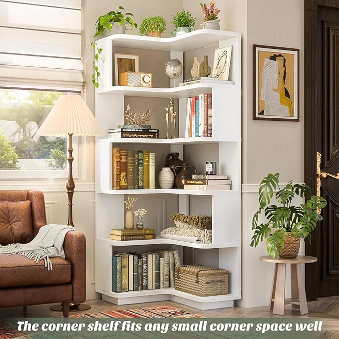 Armocity Corner Book Shelf - 6-Shelf Corner Bookshelf Etagere Bookcase with Baffle, Freestanding L Shaped Display Shelf Stand for Home Office, Living Room, Bedroom, Kitchen, White