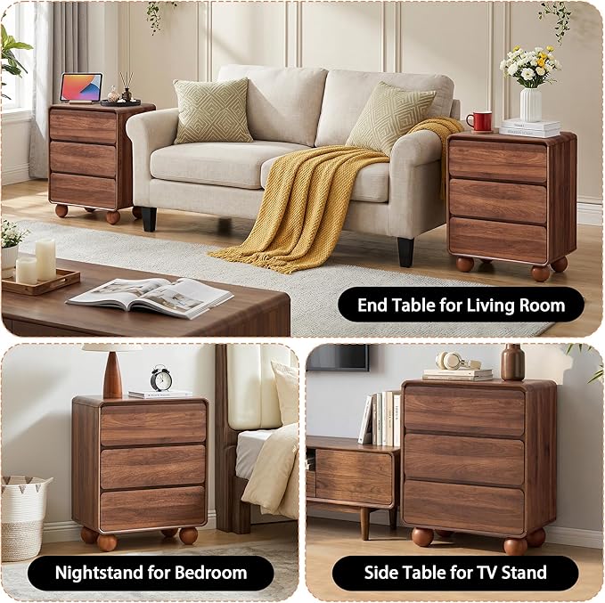 AVZEAR Wooden Night Stand wth 3 Drawer Dresser Mid Century Modern End Table Chest of Drawers, Solid Wood Legs & Curved Profile Design, Farmhouse Side Table for Living Room, Walnut