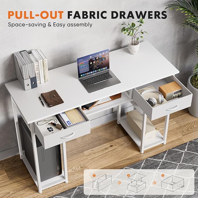 Sweetcrispy Computer Gaming Desk with Fabric Drawers - 48 Inch Home Office Bedroom Writing StudyTable with Storage Shelves Adjustable Feet PC Desk, White