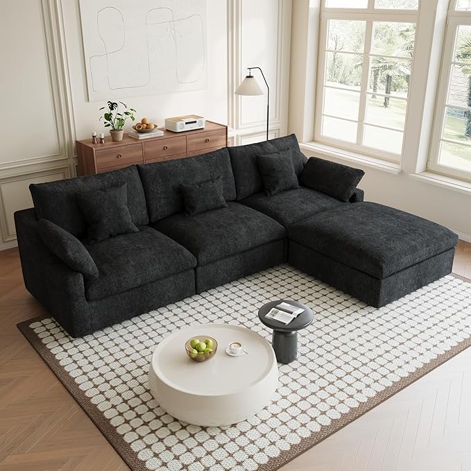 Modular Sectional Sofa Cloud Couch, 119.29" L Shaped Couch with Chaise Ottoman, Linen Blend Fabric Minimalist Deep Seat Couches for Living Room, Sofa Covers Washable&Removable, Black
