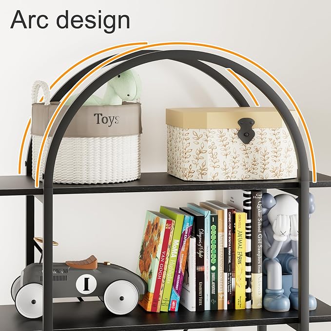 Arbuxzuy Arched Bookshelf 5 Tier Book Shelf, 31.5 Inch Width Industrial Arch Bookcase, Curved Tall Bookshelf with Open Shelves for Home Office, Living Room, Bedroom, Black