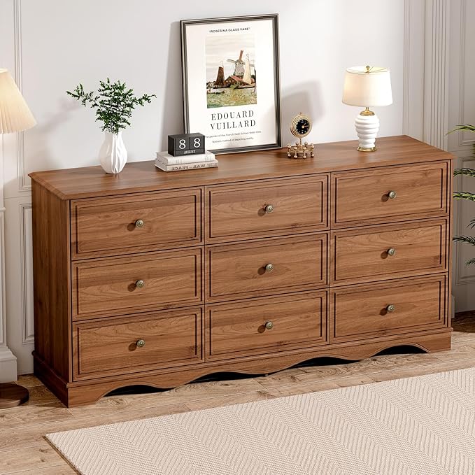 Chrangmay 9 Drawer Dresser,63" Wide Mid Century Chest of Drawers,Wooden Bedroom Drawer Dresser with 9 Storage Drawers for Bedroom,Living Room,with Anti-Tipping Device,Umber.