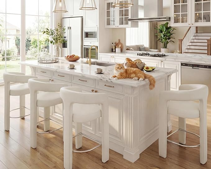 HNY 26 Inch Velvet Modern Tall Barrel Bar Stools Set of 4, Upholstered Barstools with Open Backs, Counter Height Bar Stools Chairs with Armrest for Kitchen Island, White