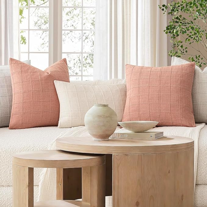 Foindtower Set of 2 Decorative Linen Check Throw Pillow Covers Neutral Farmhouse Vintage Cushion Covers Modern Boho Accent Home Decor for Sofa Chair Couch Bedroom Living Room,20×20 Inch,Coral Pink