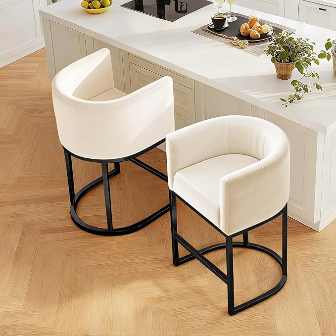 Modern Counter Height Bar Stools,Bar Stools Set of 2,Velvet Fabric Upholstered Barrel Barstools with Backs,26'' Kitchen Island Chairs,Metal Black Frames,Beige White Velvet