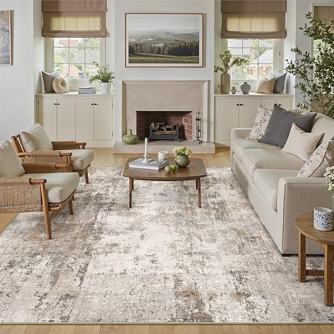 10x14 Washable Area Rug Brown Grey Abstract Non Slip Soft Low Pile Rug for Living Room Bedroom Dining Room Office Neutral Modern Indoor Large Throw Carpet for Home Decor