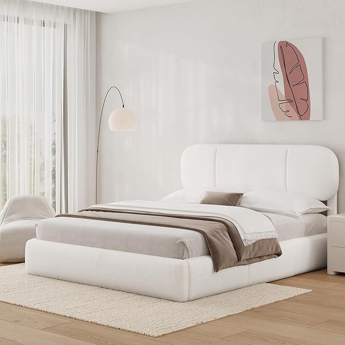 Queen Size Bed Frame with Storage, Boucle Cloud Bed with 4 Locking Drawers & LED Lights, Modern Upholstered Platform Bed, Plush Sides & Footboard, Adjustable Headboard, No Box Spring, White