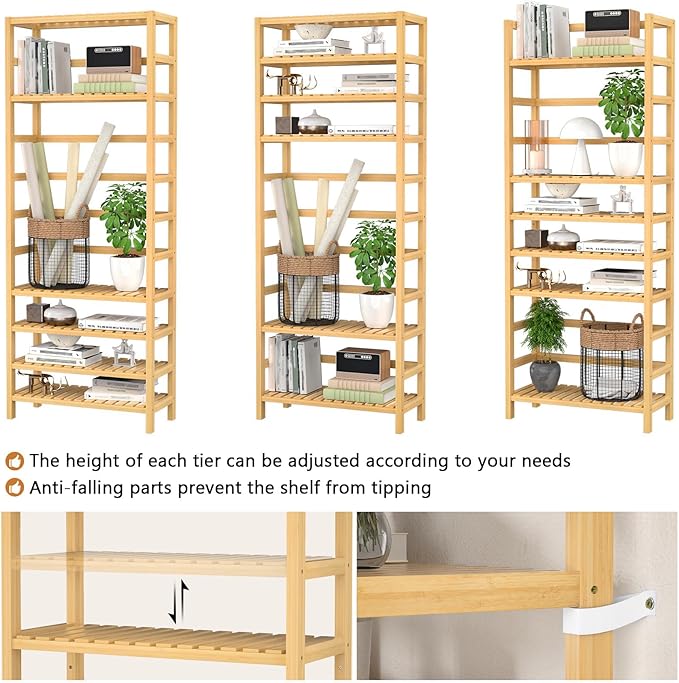 Homykic 6-Tier Bamboo Bookshelves and Bookcases, Adjustable 63.4”Tall Shallow Book Shelf Organizer Rack, Freestanding Storage Shelving Unit for Living Room, Kitchen, Bathroom, Office, Natural